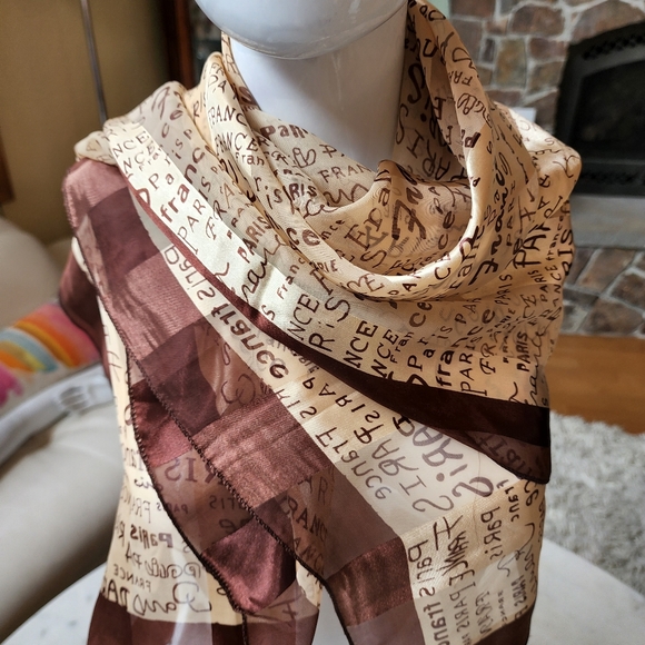 PARIS France silk scarves one brown & cream, one rose & white 39.5" sq. - Picture 3 of 13